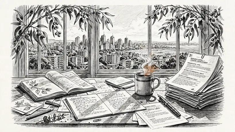Sunlit editorial desk with notebooks, papers, and coffee overlooking an Australian coastal city through a window