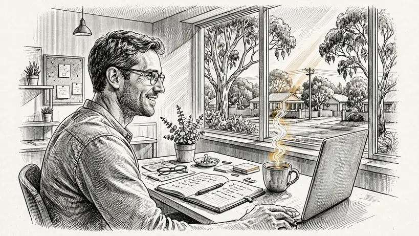 Support team member at a tidy desk in a sunlit Australian office