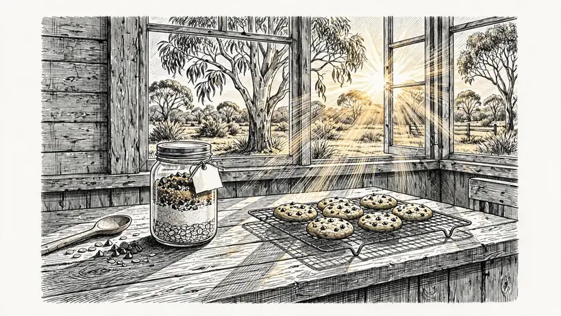 Homemade cookies cooling on a wooden kitchen counter in a sunlit Australian home