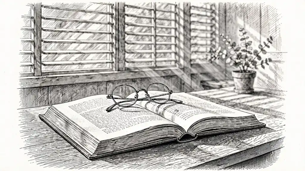 Reading glasses on an open book bathed in warm Australian afternoon light