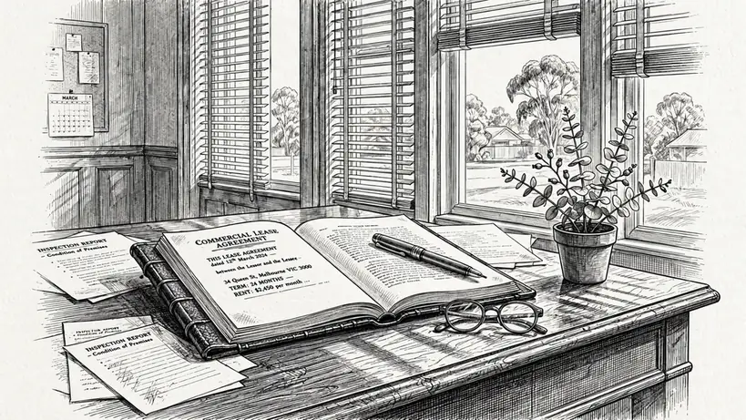 Sunlit office desk with open legal document, fountain pen, glasses, and eucalyptus plant