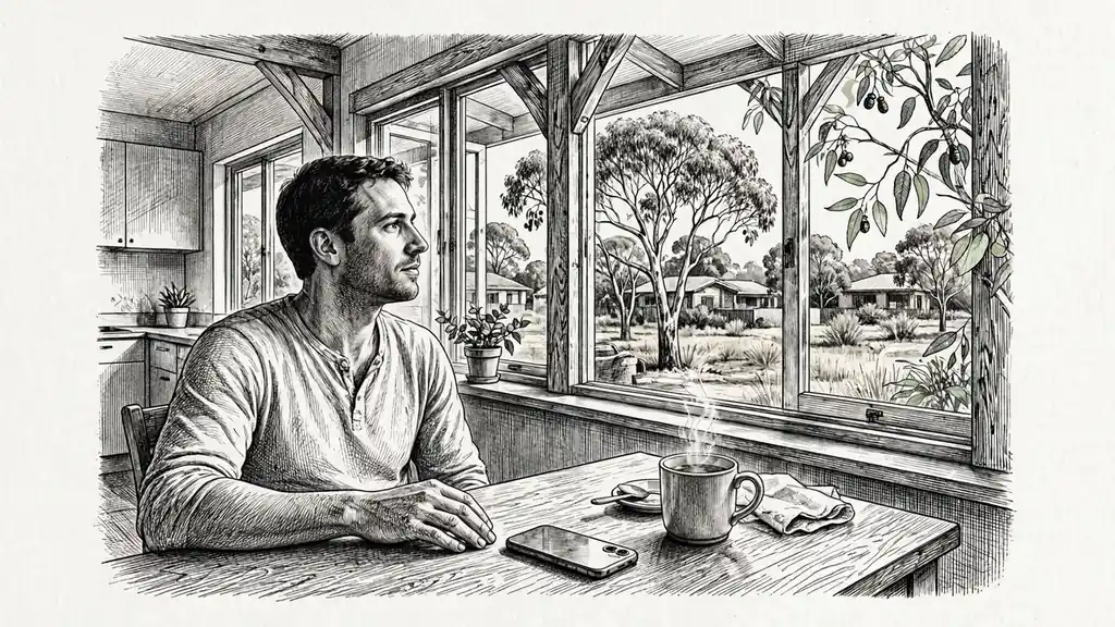 Person at home kitchen table with phone face-down, choosing to step away from gambling.