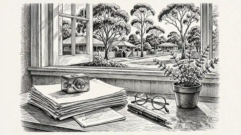 Brass lockbox on documents beside eucalyptus plant in Australian home office