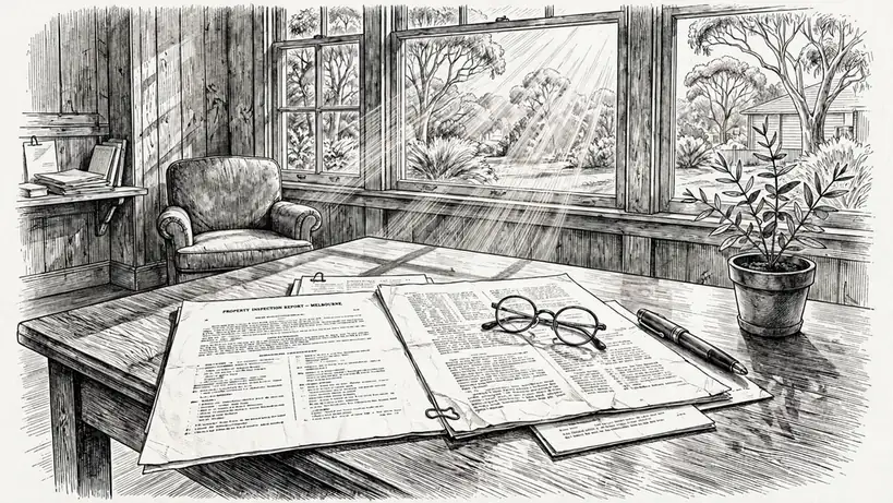 Sunlit desk with printed terms document, glasses, pen, and eucalyptus plant.
